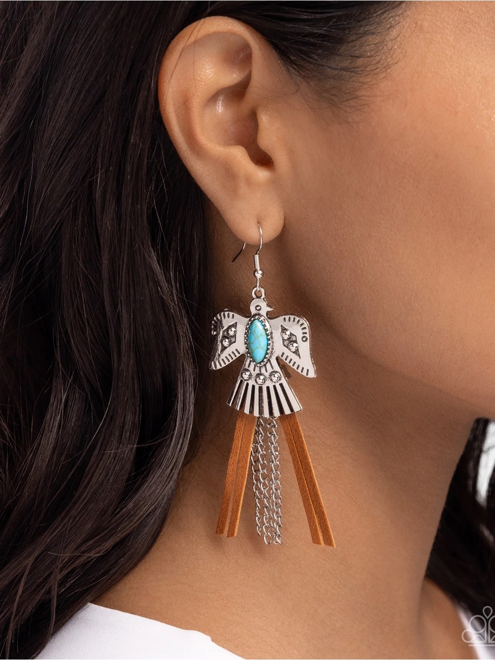 paparazzi Turquoise Thunderbird Earrings with Tan Fringe